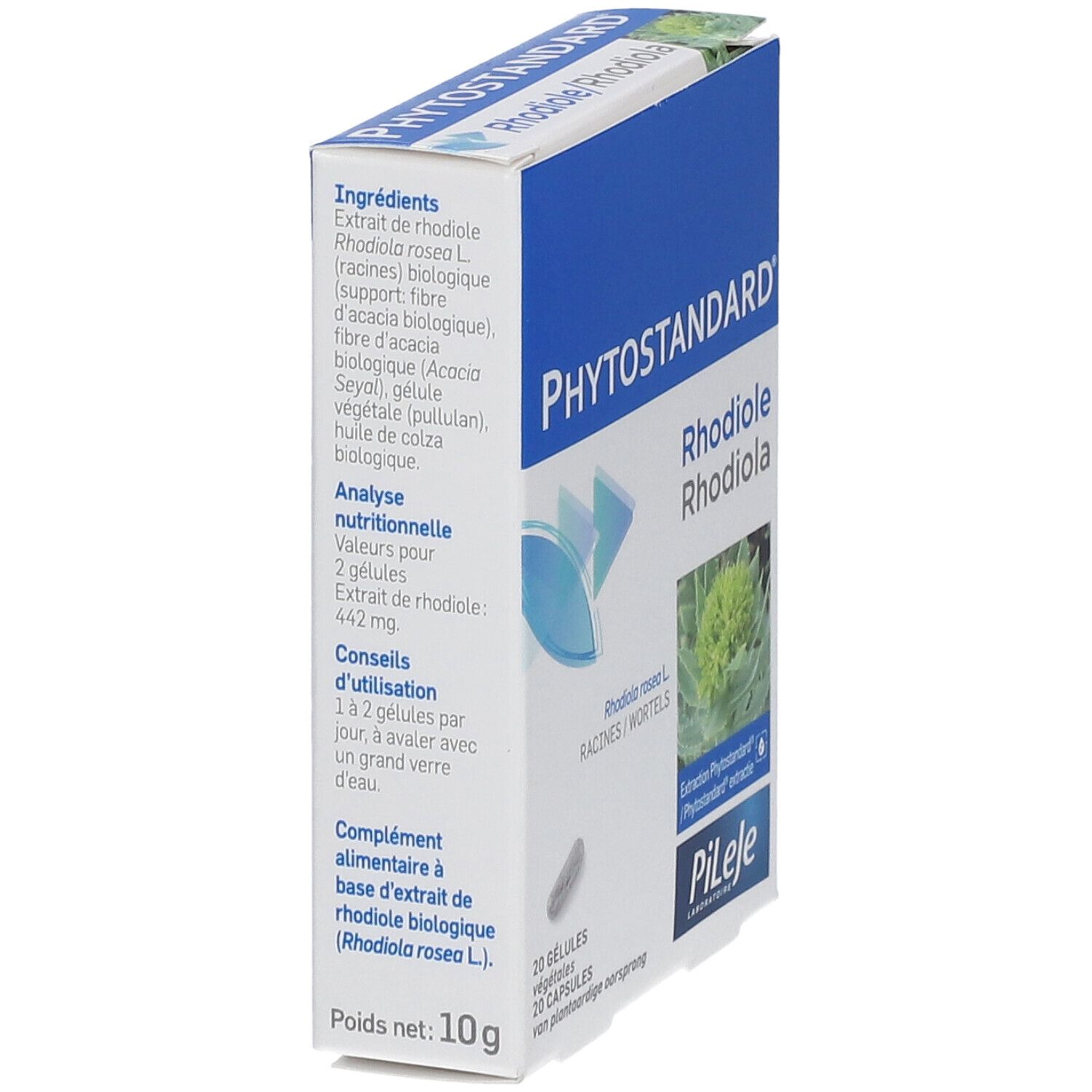 Boîte de Phytostandard Rhodiole. Contient 20 gélules. Inscription: Rhodiole Rhodiole.