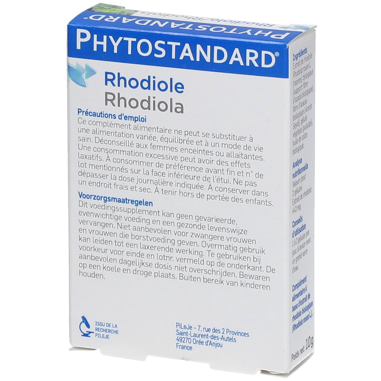 Boîte de Phytostandard Rhodiole. Contient 20 gélules. Inscription: Rhodiole Rhodiole.