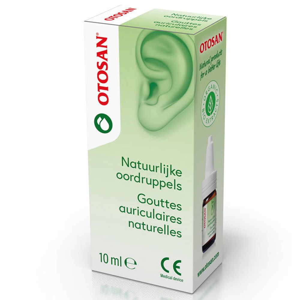 Doos met OTOSAN-logo en productnaam. Bevat een flesje oordruppels. 10 ml.