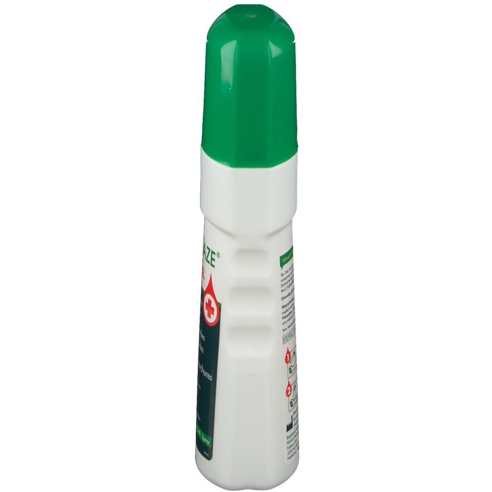 Flacon cylindrique avec bouchon vert. Corps blanc avec étiquettes vertes et noires. Symbole de croix rouge.