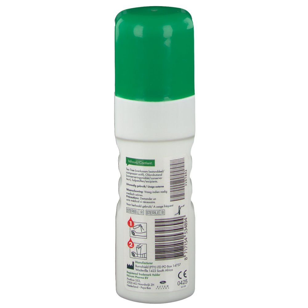 Dos d'un flacon blanc avec bouchon vert. Texte et code-barres sur l'étiquette. Marquage CE.