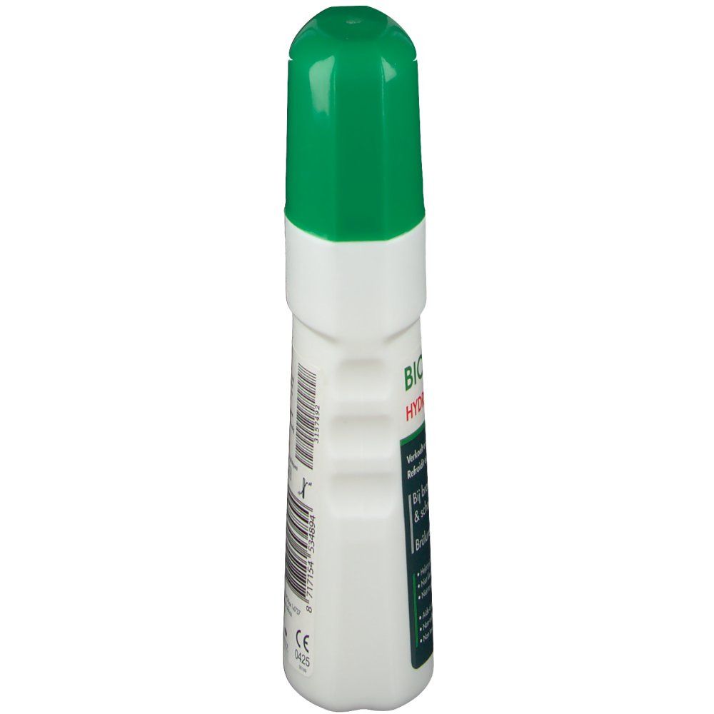 Flacon cylindrique avec bouchon vert. Corps blanc avec étiquettes vertes et noires. Texte: Hydrogel.