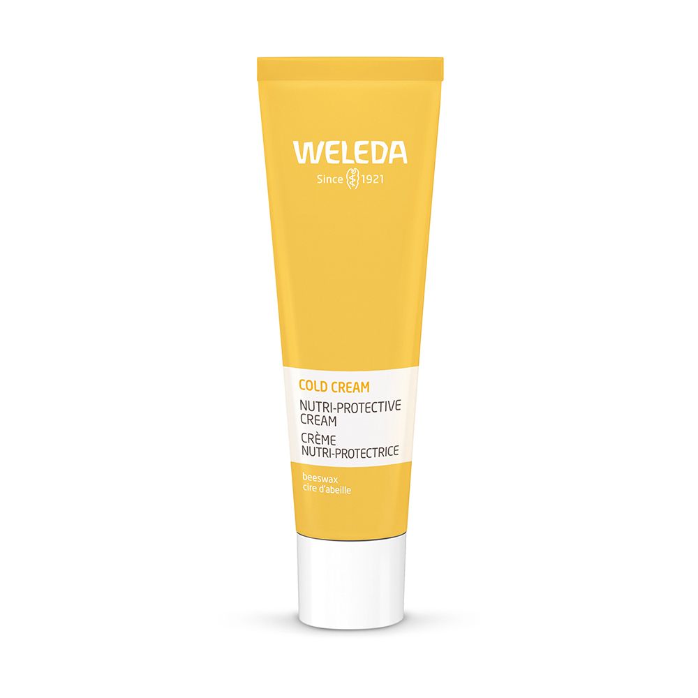 Tube jaune avec bouchon blanc. Inscription : WELEDA, Cold Cream, Nutri-Protective Cream, Crème Nutri-Protectrice.