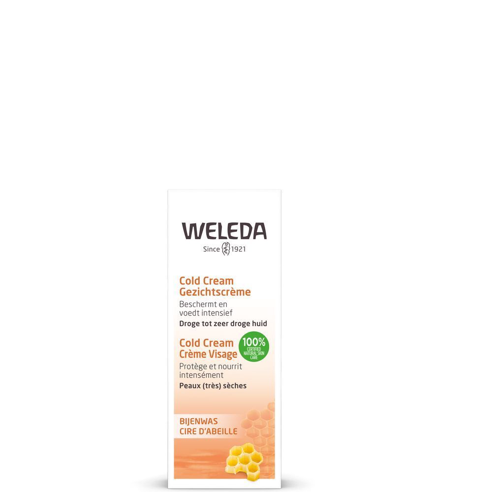 Emballage blanc avec inscription : WELEDA, Cold Cream, Crème Visage. Contient de la cire d'abeille. Avec label bio vert.