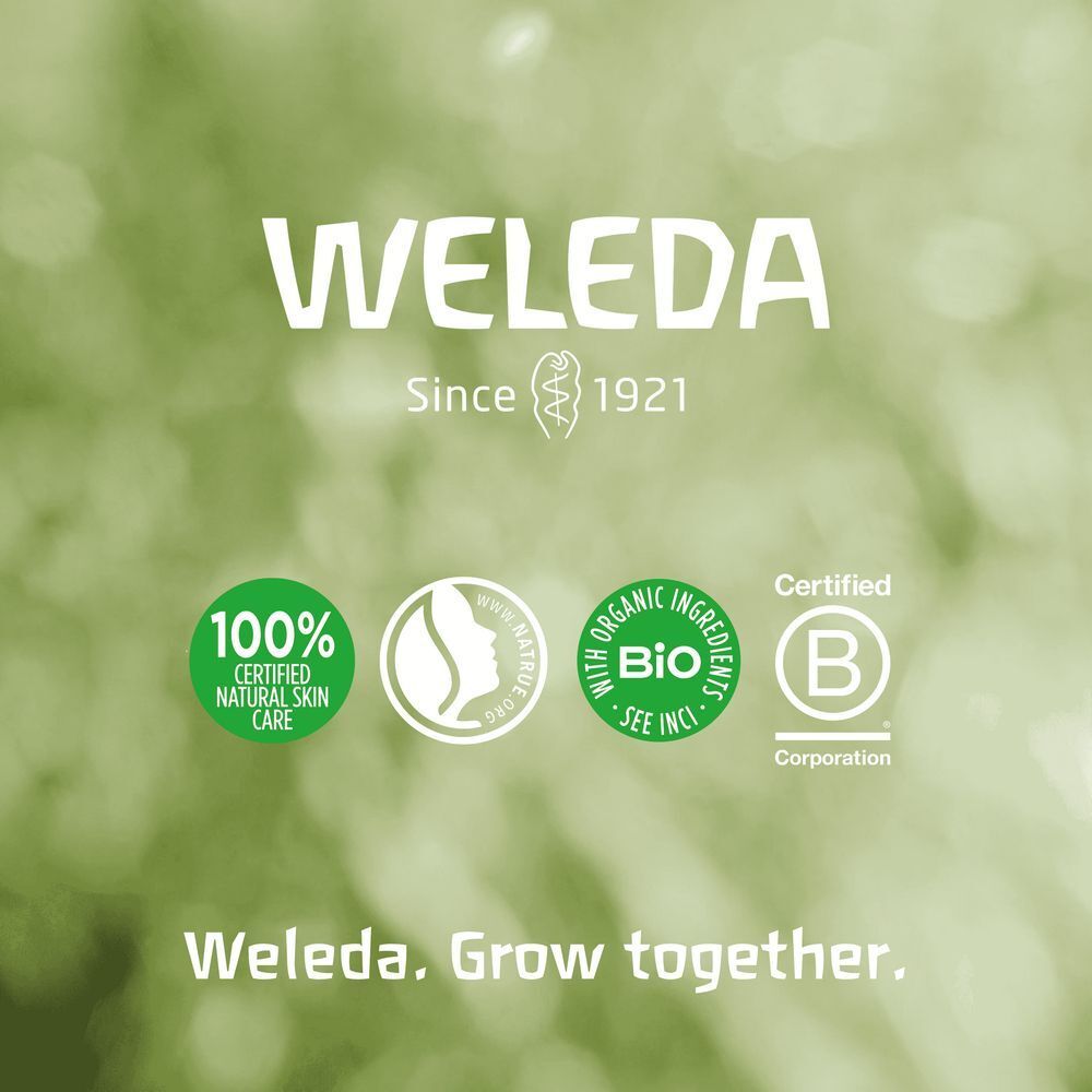 Fond vert avec logos : WELEDA, 100% cosmétiques naturels certifiés, NATRUE, label bio, B Corp.