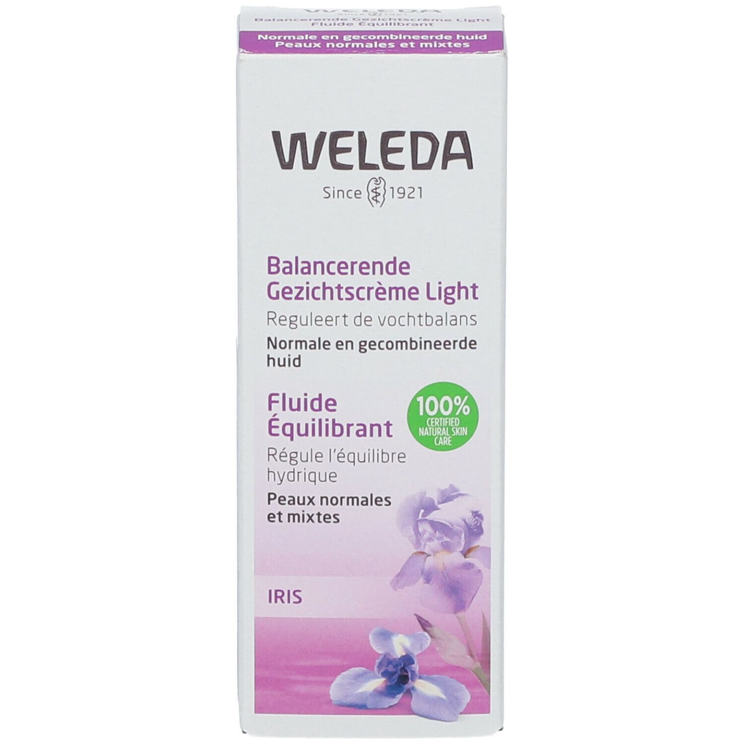 Boîte Weleda avec crème pour le visage. Texte: Balanceerende Gezichtscrème Light, Flude Équilibrant. Illustration d'iris.