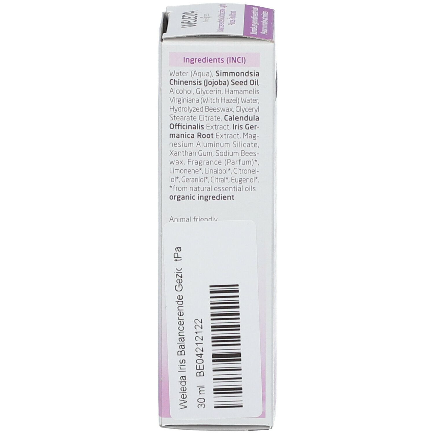 Boîte Weleda, liste des ingrédients. Texte: Ingredients (INCI). 30 ml. Animal friendly.