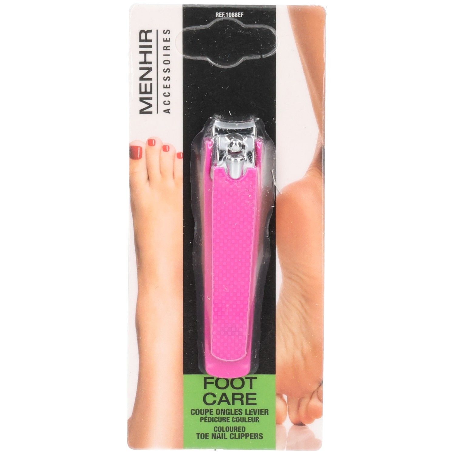 Fußnagelknipser, pinkfarben, in Verpackung. Marke Menhir Accessoires. Aufdruck: Foot Care, Coupe ongles levier, Pédicure couleur, Toe nail clippers.