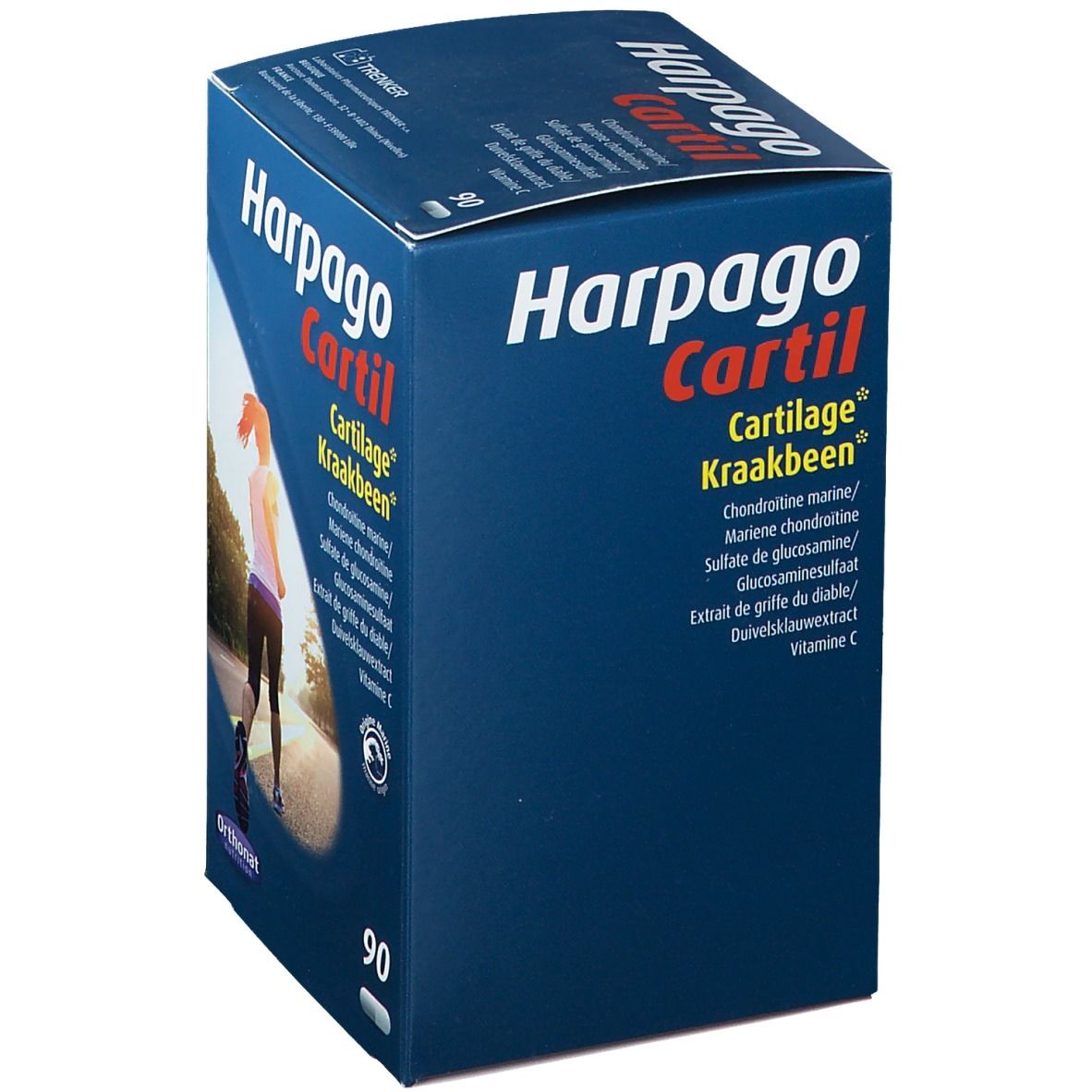Boîte en carton bleue avec l'inscription Harpagocartil. Image d'une femme qui court. Contient 90 gélules.