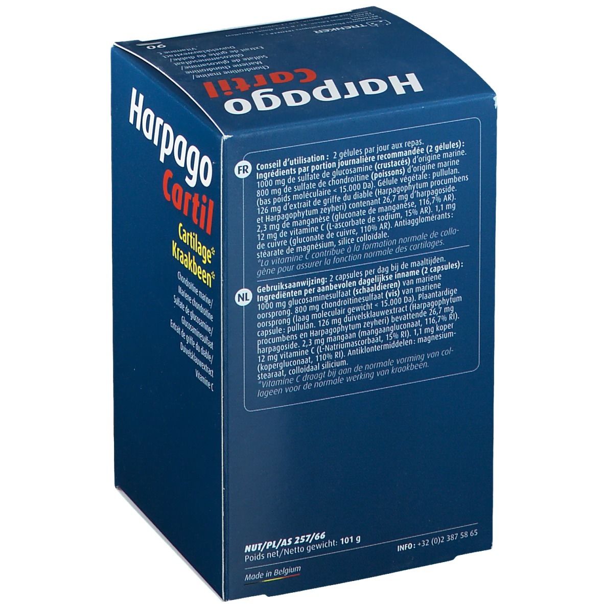 Boîte en carton bleue avec l'inscription Harpagocartil. Verso avec texte multilingue. Poids net 101 g.