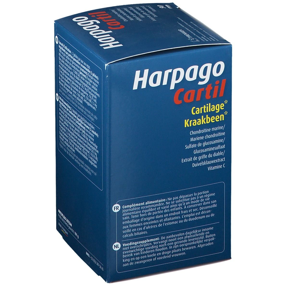 Boîte en carton bleue avec l'inscription Harpagocartil. Verso avec texte multilingue. Poids net 101 g.