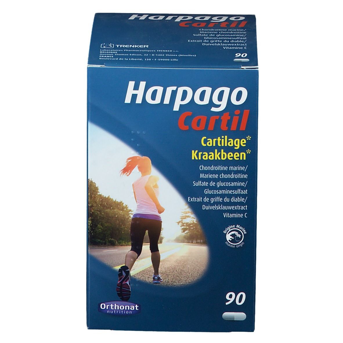 Boîte en carton bleue avec l'inscription Harpagocartil. Image d'une femme qui court. Contient 90 gélules.