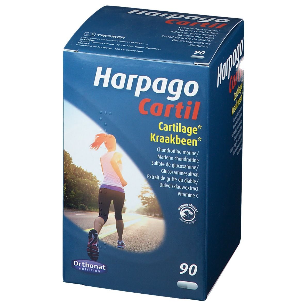 Boîte en carton bleue avec l'inscription Harpagocartil. Image d'une femme qui court. Contient 90 gélules.