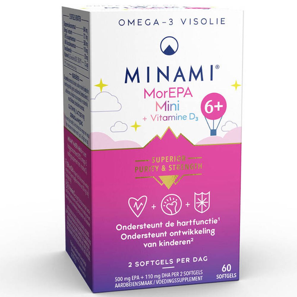 Boîte de MorEPA Mini + Vitamine D3. Boîte avec nom et logo du produit. Contient 60 gélules. Fond blanc.
