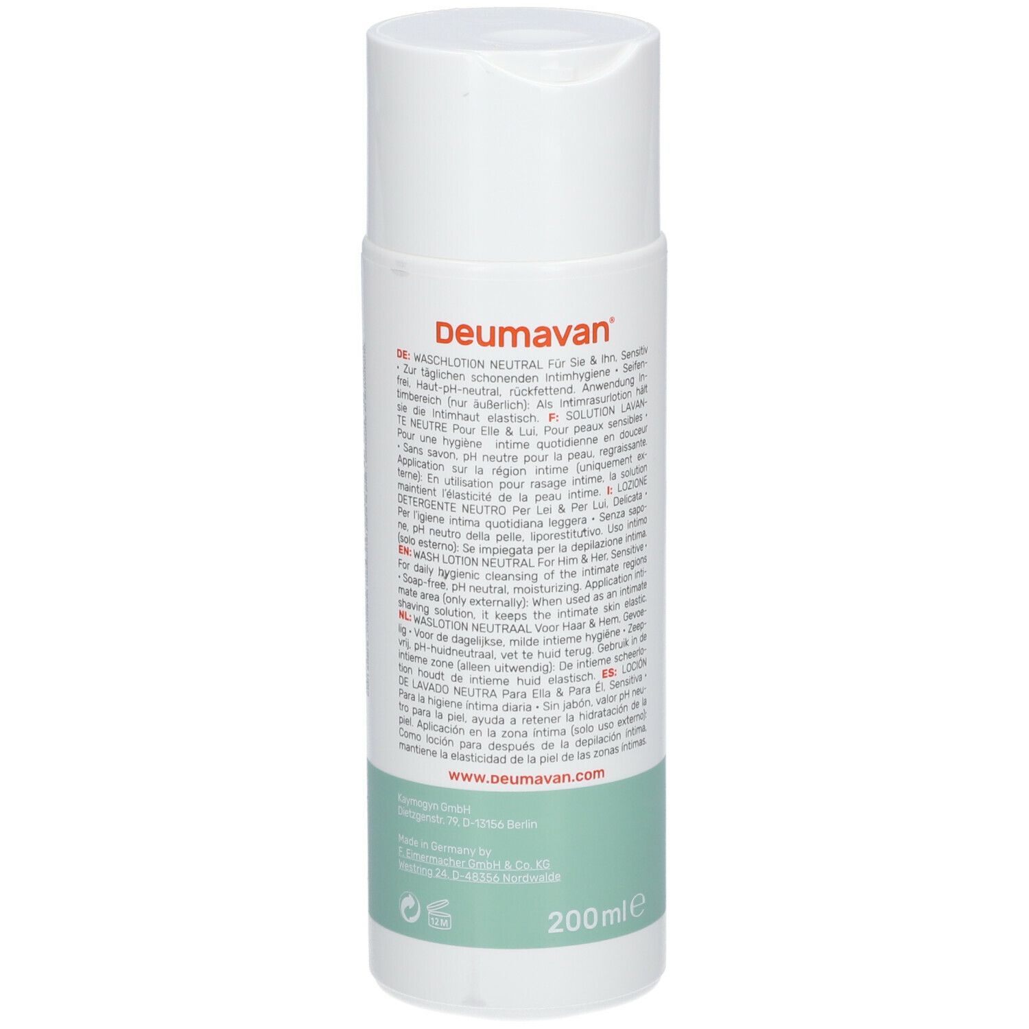 Flacon blanc avec texte au dos. Bande verte en bas. Inscription : 200ml.