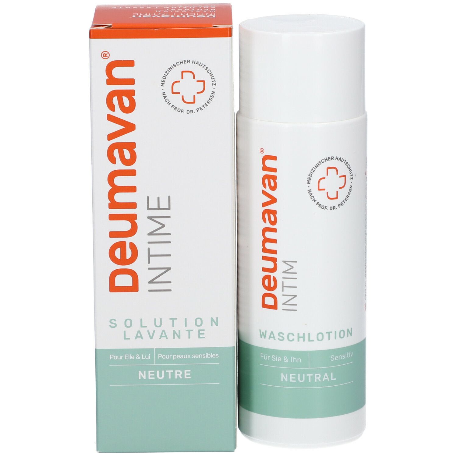 Emballage du produit avec flacon et carton. Inscription : Deumavan Intime Solution Lavante Neutre.