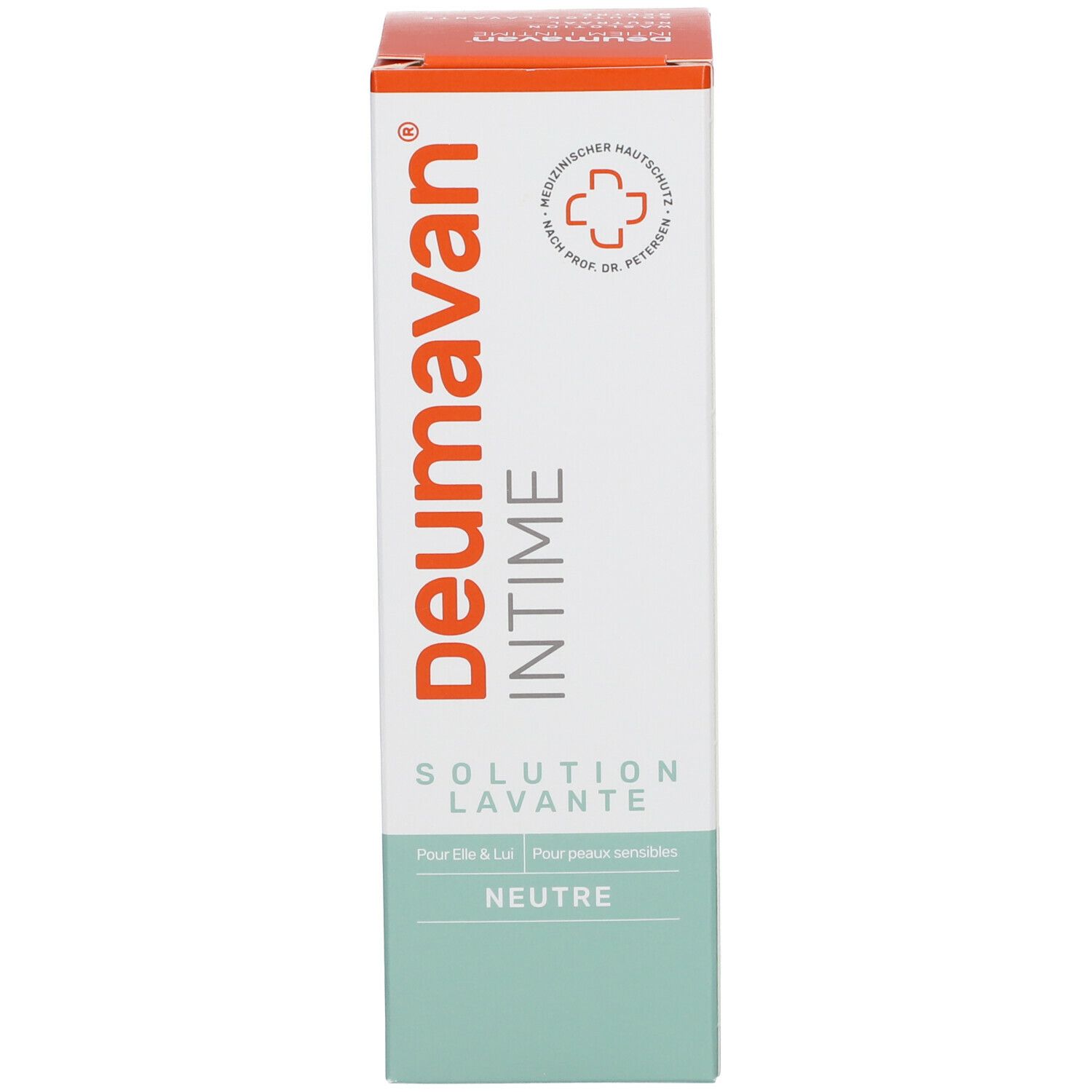 Emballage du produit avec carton. Inscription : Deumavan Intime Solution Lavante Neutre.