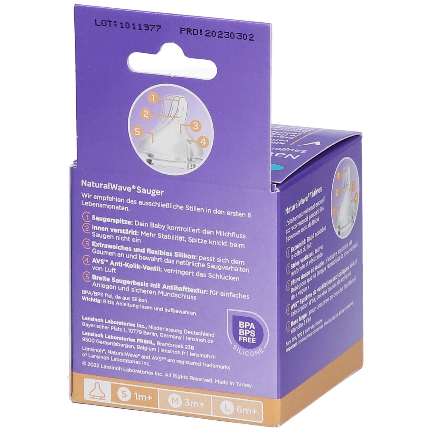 Dos de la boîte Lansinoh NaturalWave. Texte, schéma de la tétine, label sans BPA.