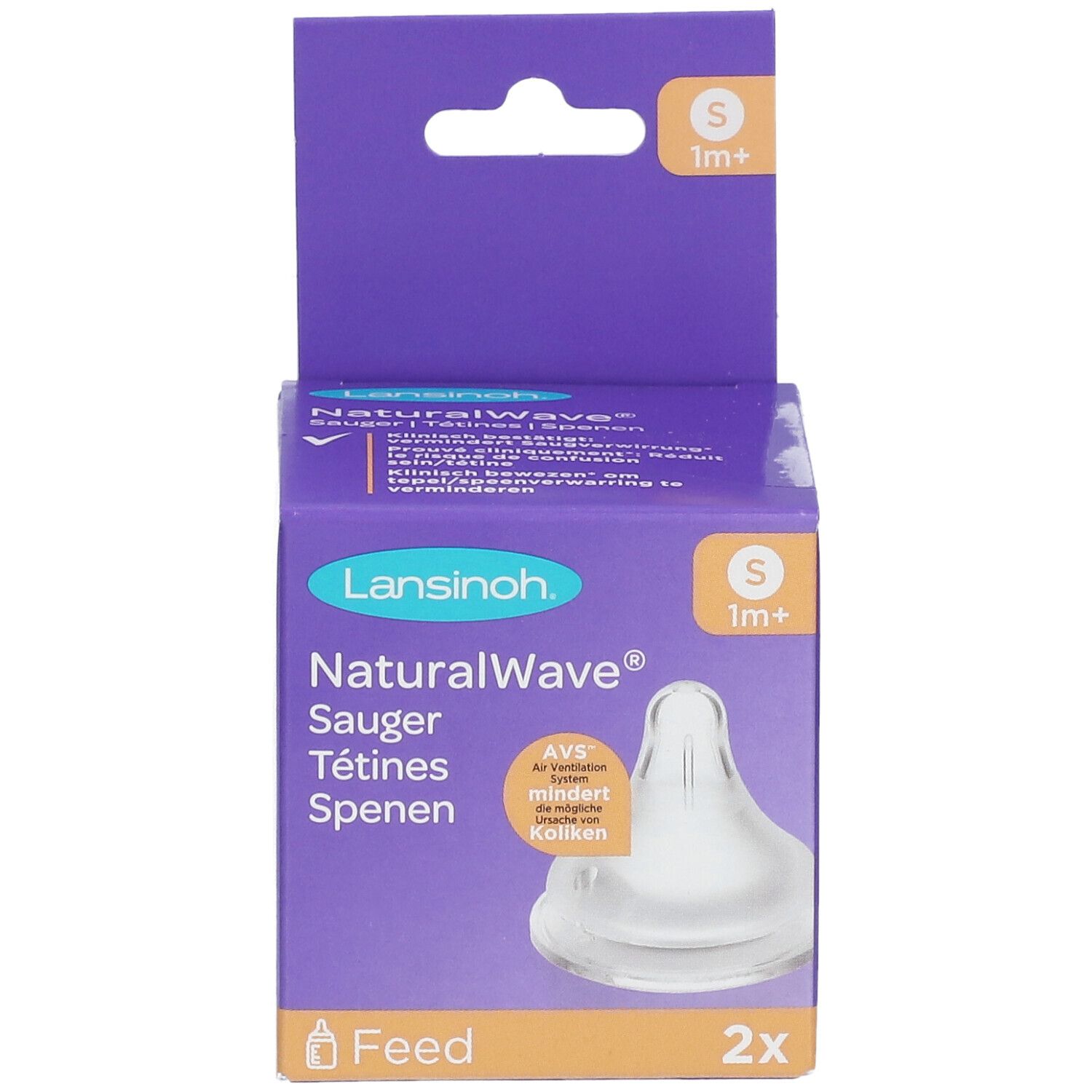 Boîte Lansinoh NaturalWave violette avec deux tétines S. Image du produit et texte.
