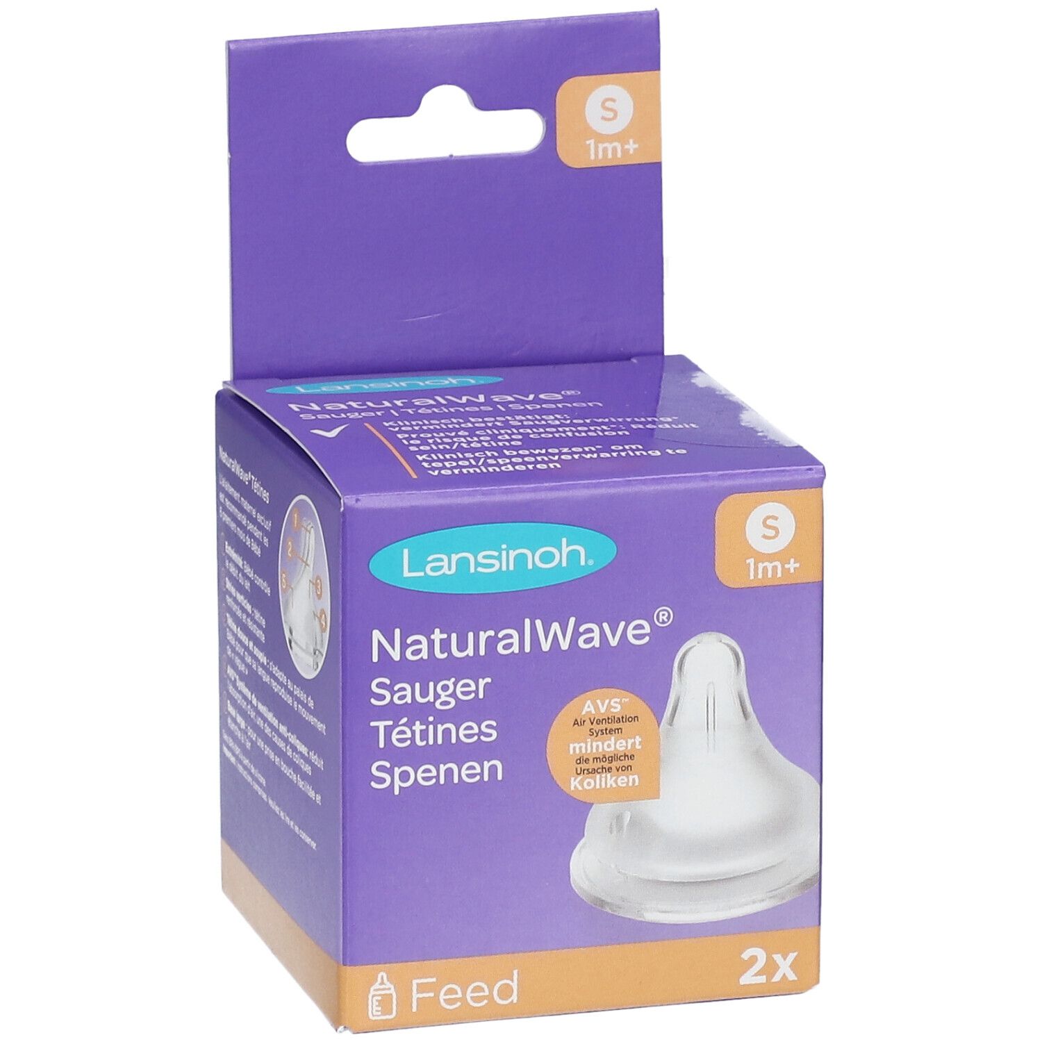 Boîte Lansinoh NaturalWave violette avec deux tétines S. Image du produit et texte.