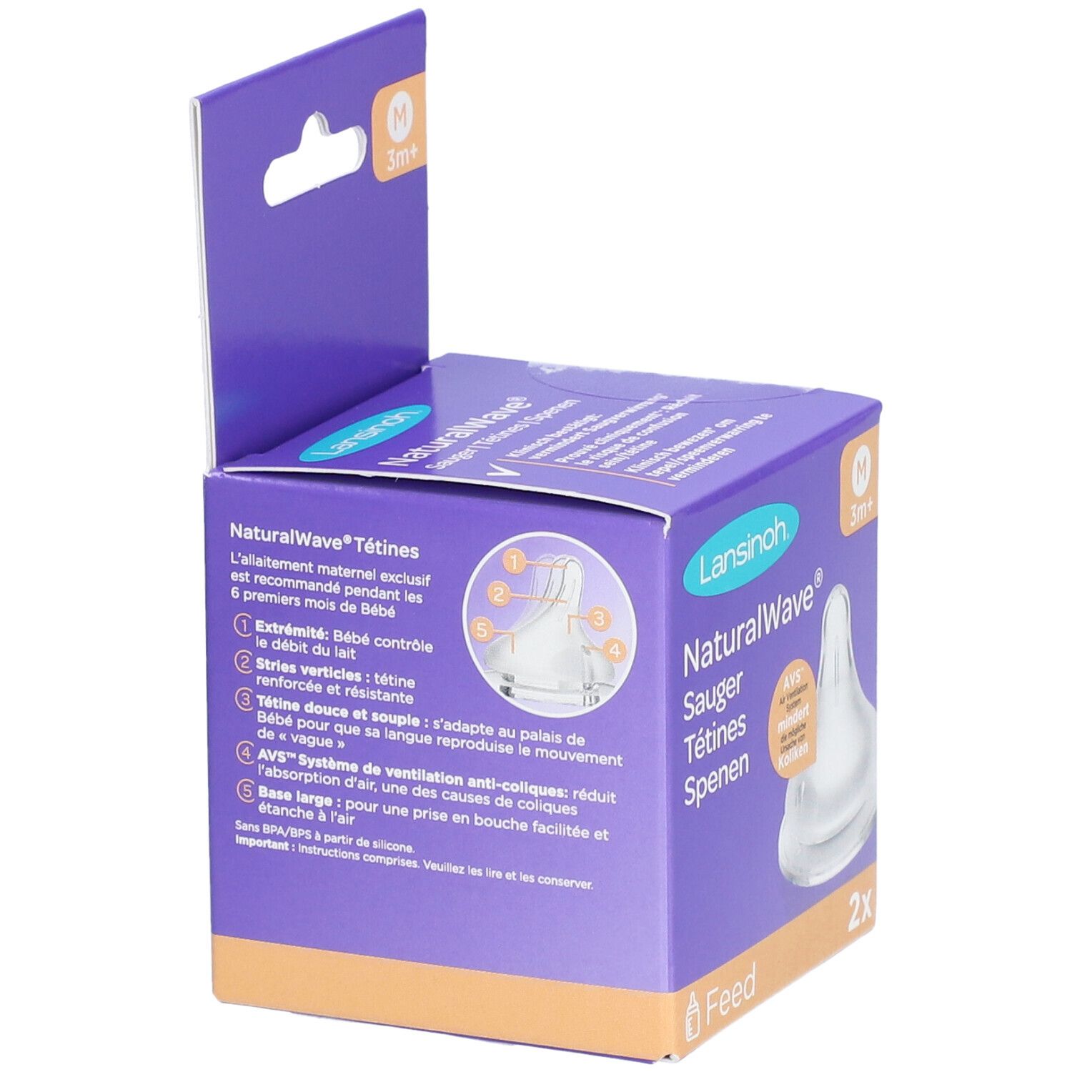 Verpakking van Lansinoh NaturalWave spenen. Achterkant met productinformatie. Twee spenen zichtbaar.