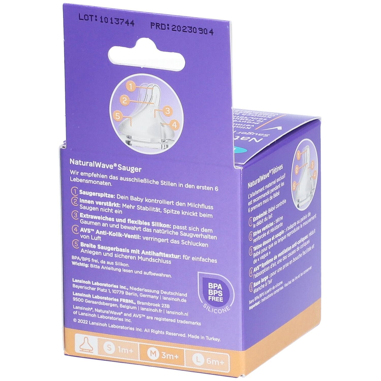 Achterkant van de verpakking van Lansinoh NaturalWave spenen. Productinformatie en BPA-vrij label.