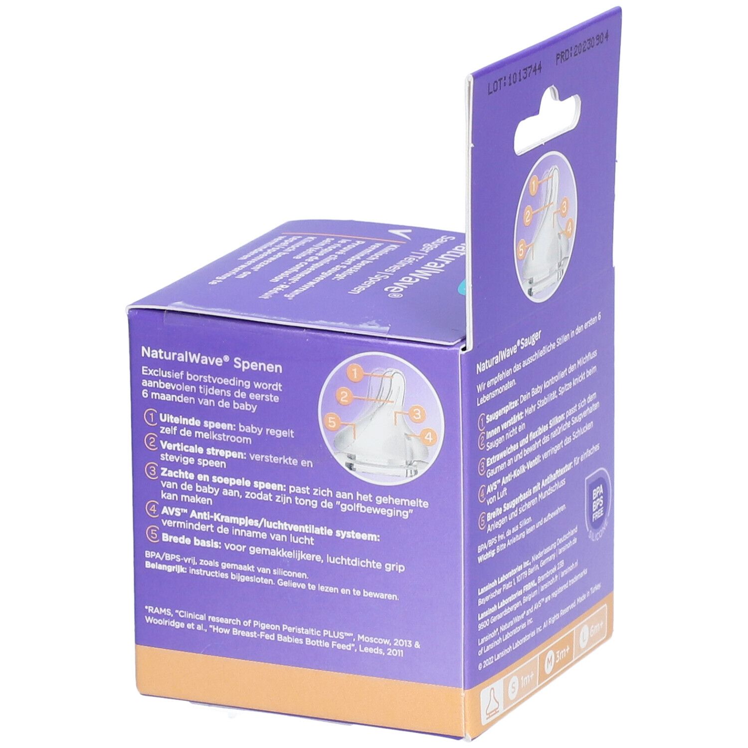 Verpakking van Lansinoh NaturalWave spenen. Productinformatie en afbeeldingen. BPA/BPS-vrij.
