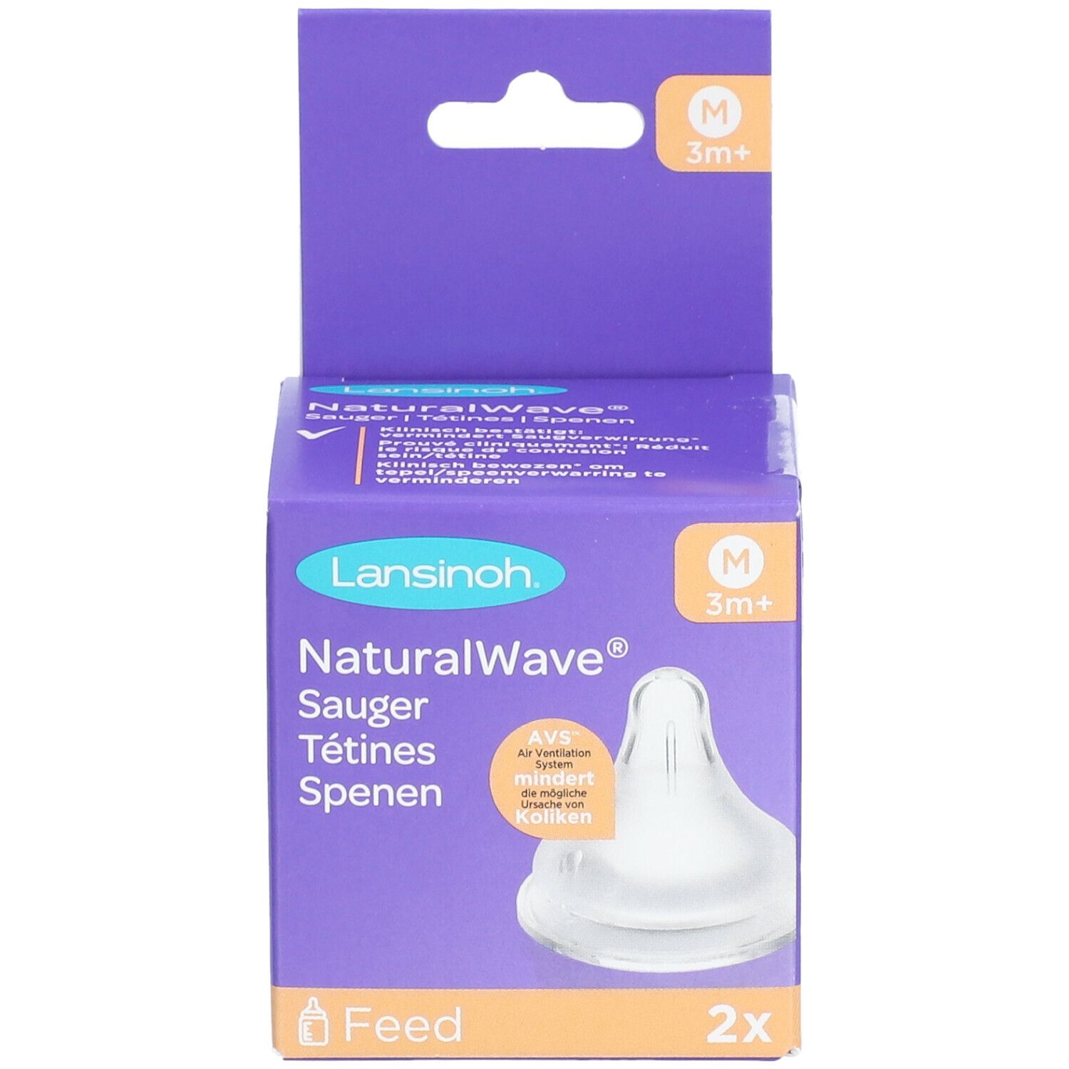Verpakking met twee spenen. Merk: Lansinoh NaturalWave. Medium, 3m+. Transparante siliconen spenen in de verpakking.