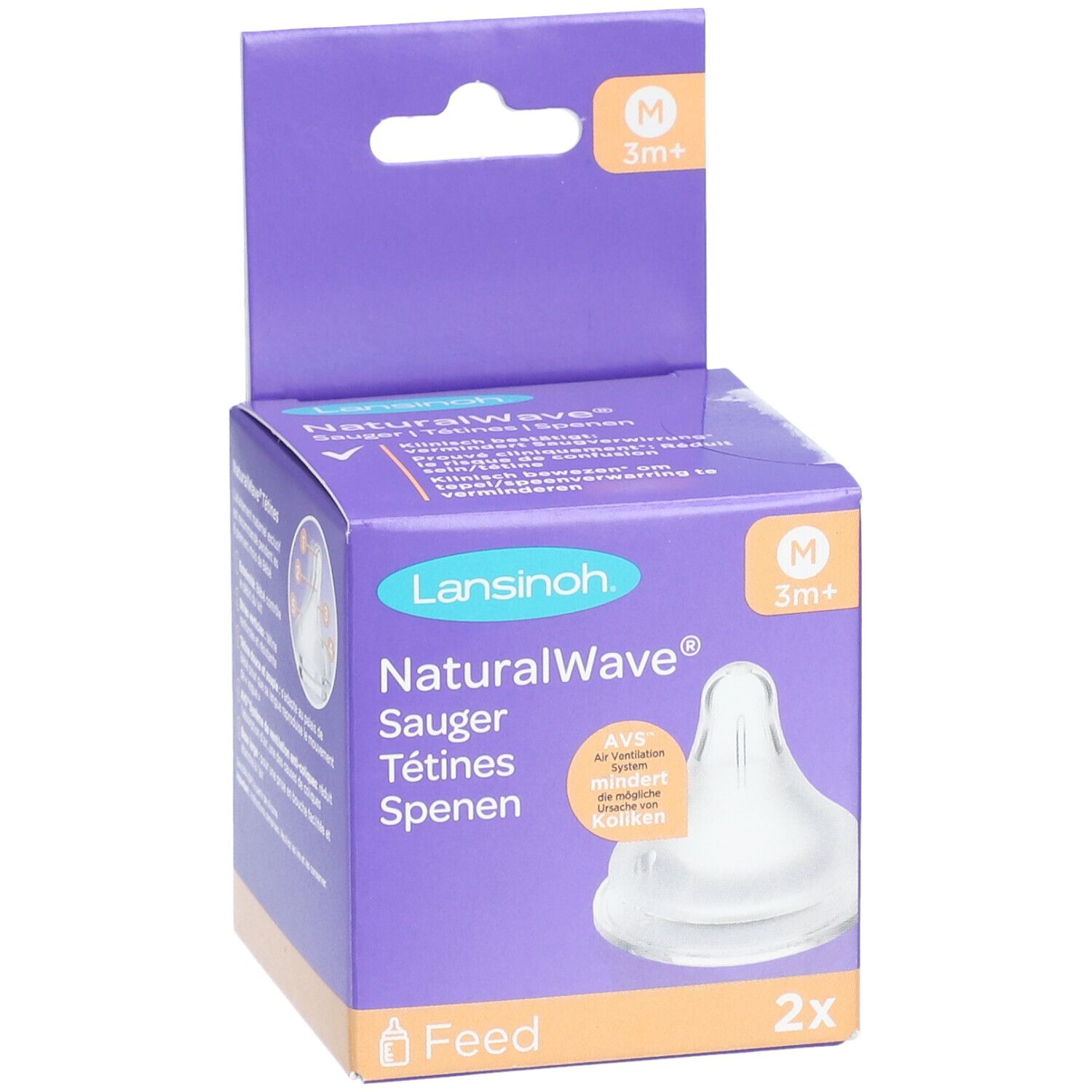 Verpakking met twee spenen. Merk: Lansinoh NaturalWave. Medium, 3m+. Transparante siliconen spenen in de verpakking.