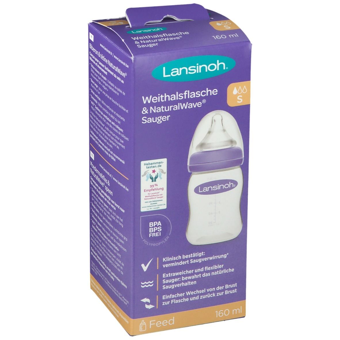 Lansinoh Weithalsflasche & NaturalWave Sauger in Verpackung. Lila-weiße Flasche mit Sauger. 160 ml.