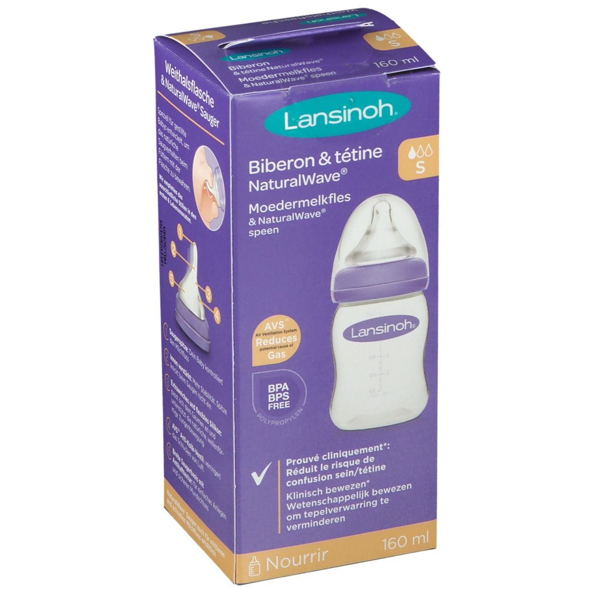 Verpackung Lansinoh Biberon & tétine NaturalWave. Lila-weiße Flasche mit Sauger. 160 ml.