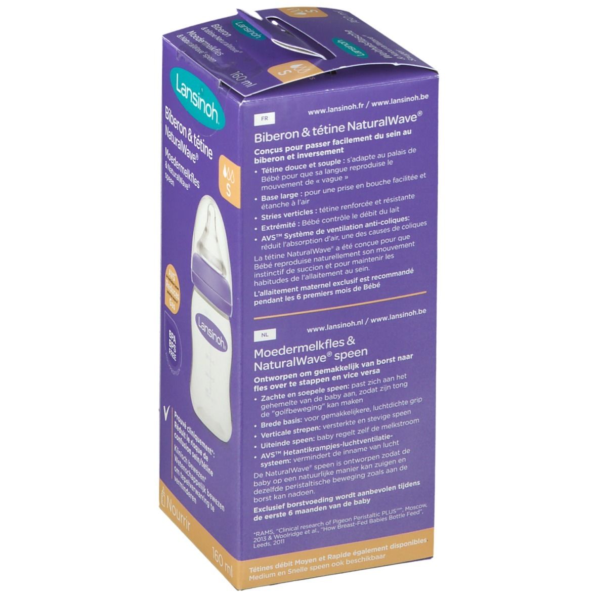 Rückseite der Verpackung Lansinoh Biberon & tétine NaturalWave. Text und Illustrationen.