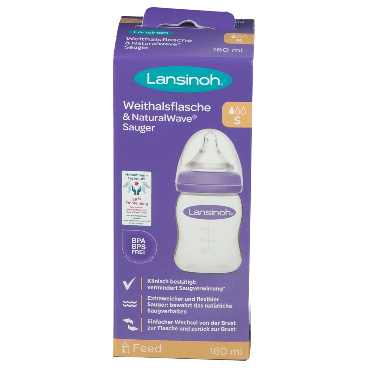 Lansinoh Weithalsflasche & NaturalWave Sauger in Verpackung. Lila-weiße Flasche mit Sauger. 160 ml.