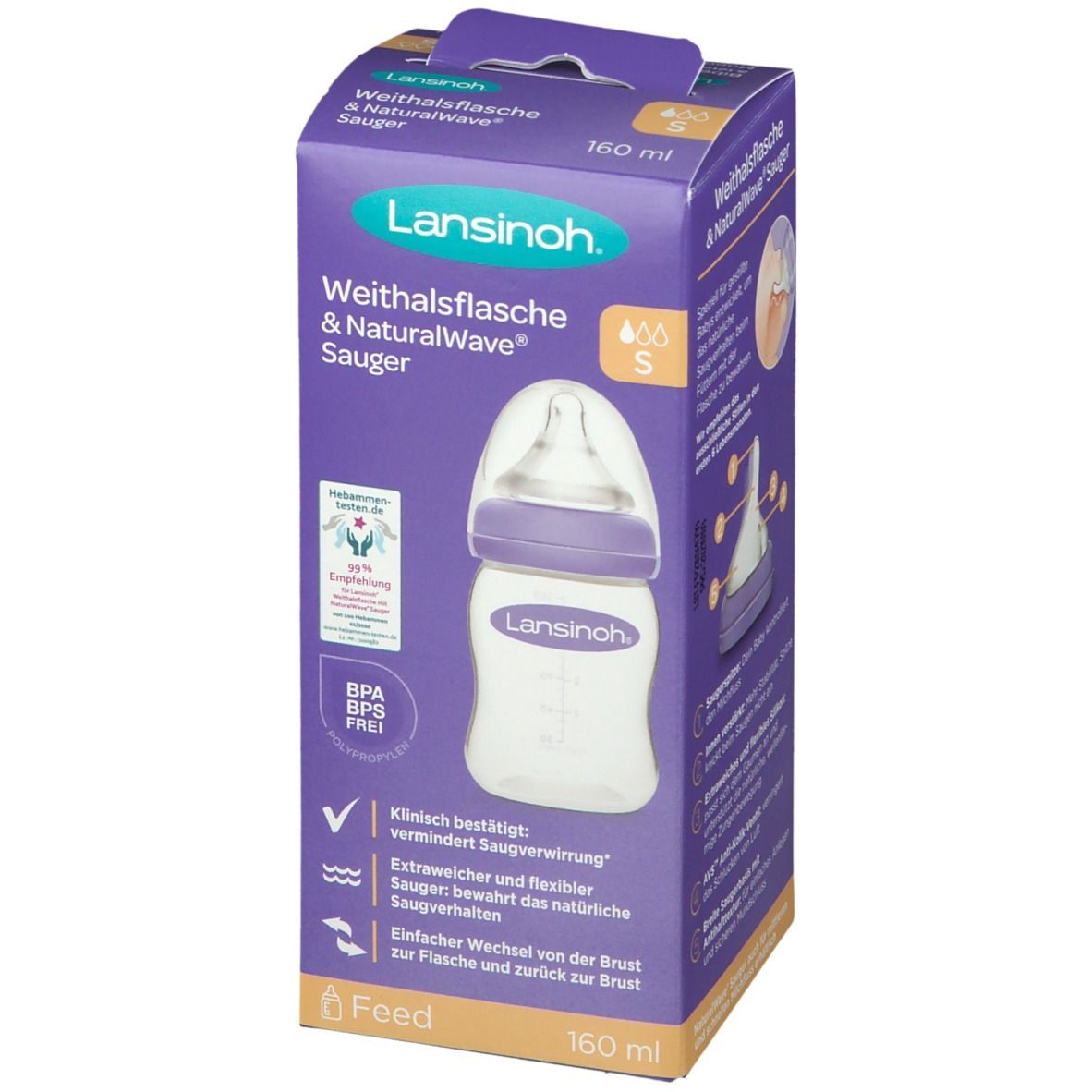Lansinoh Weithalsflasche & NaturalWave Sauger in Verpackung. Lila-weiße Flasche mit Sauger. 160 ml.