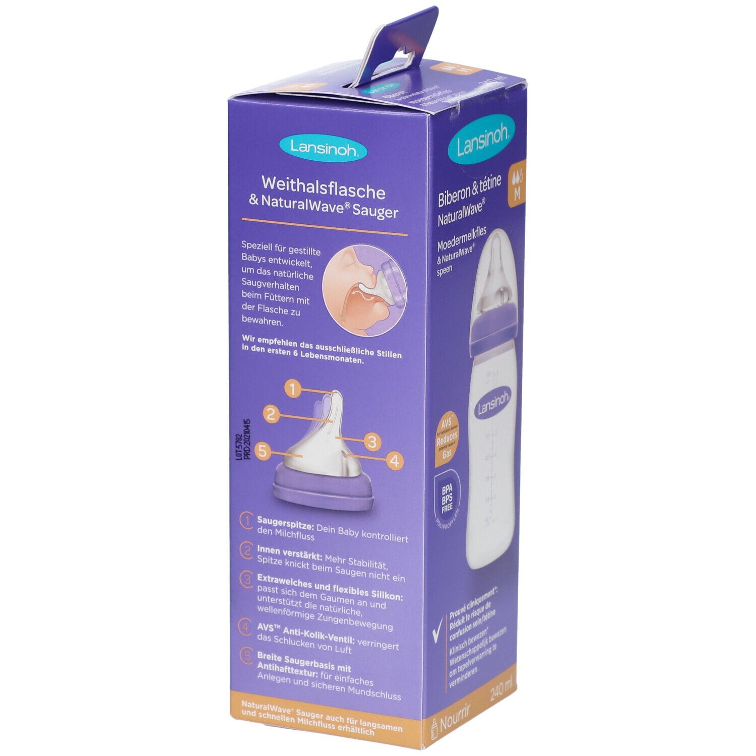 Verpakking van de Lansinoh Biberon + Tetine Natural Wave. Productafbeelding en beschrijving van de kenmerken.