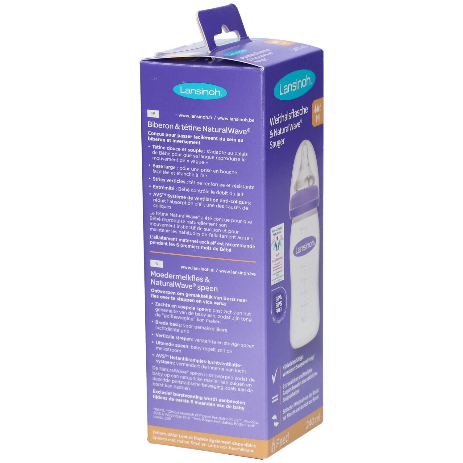 Verpakking van de Lansinoh Biberon + Tetine Natural Wave. Productafbeelding en beschrijving van de kenmerken.