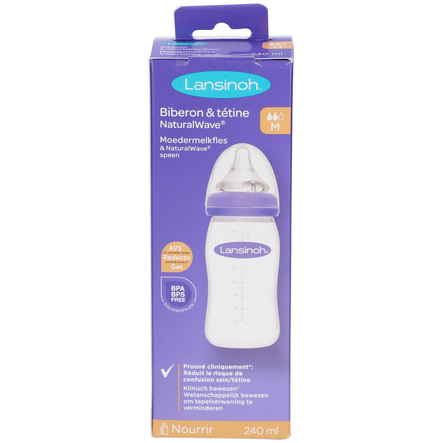 Lansinoh Biberon + Tetine Natural Wave. Fles met paarse dop en speen in verpakking. BPA-vrij.