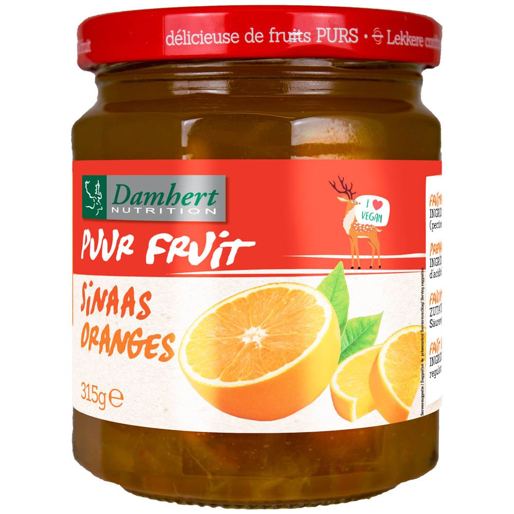 Pot de confiture d'oranges. Couvercle rouge. Étiquette avec nom du produit, illustration d'oranges et label végétalien. Illustration de cerf.