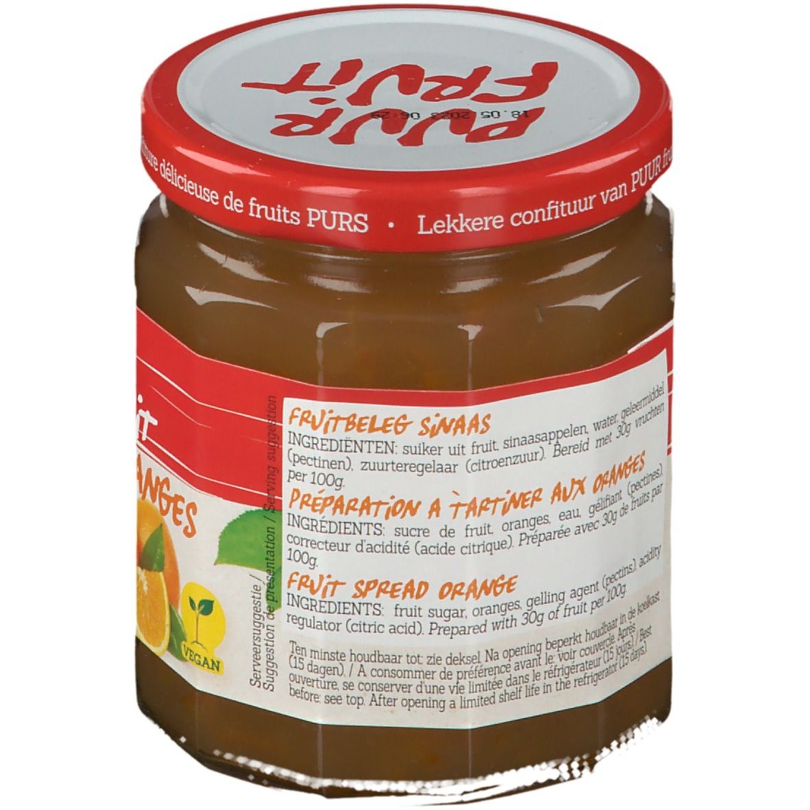 Pot de confiture d'oranges. Dos avec liste d'ingrédients multilingue. Couvercle rouge avec texte.