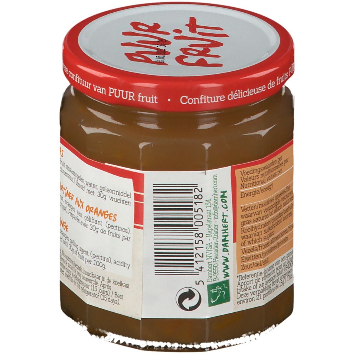 Pot de confiture d'oranges. Dos avec code-barres, adresse du fabricant et symboles de recyclage. Couvercle rouge.