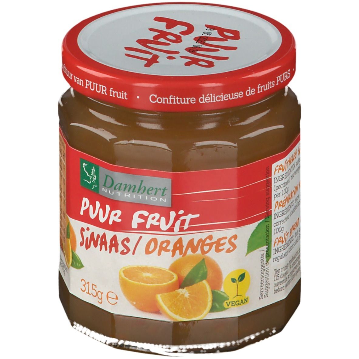 Pot de confiture d'oranges. Couvercle rouge avec texte. Étiquette avec nom du produit, illustration d'oranges et label végétalien.