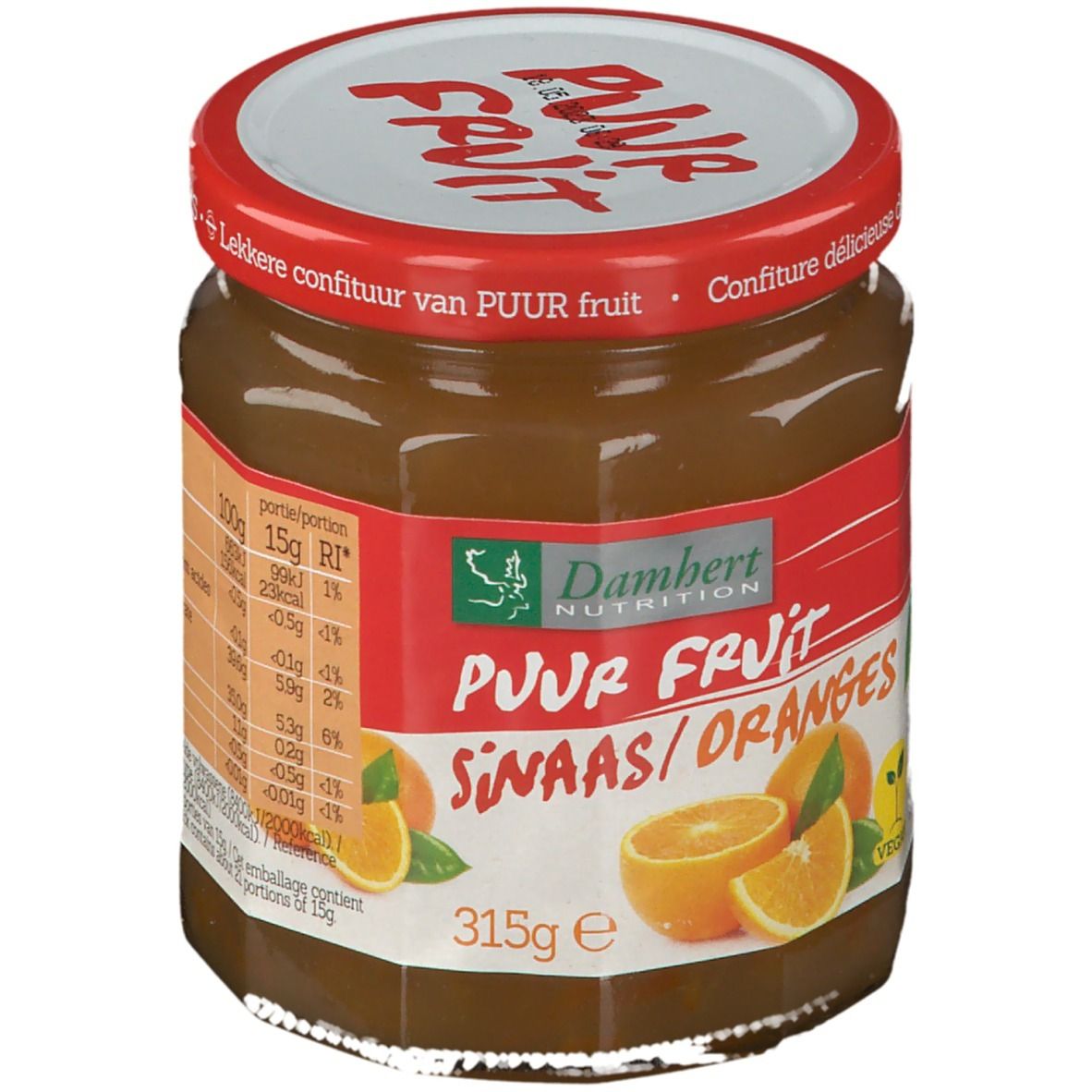 Pot de confiture d'oranges. Couvercle rouge. Étiquette avec informations nutritionnelles et nom du produit. Illustration d'oranges.