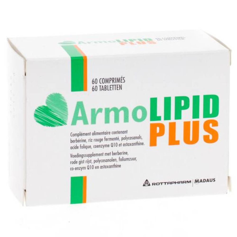 Scatola bianca con logo a cuore verde e testo: ArmoLIPID PLUS, 60 compresse. Marchio: Rottapharm Madaus.