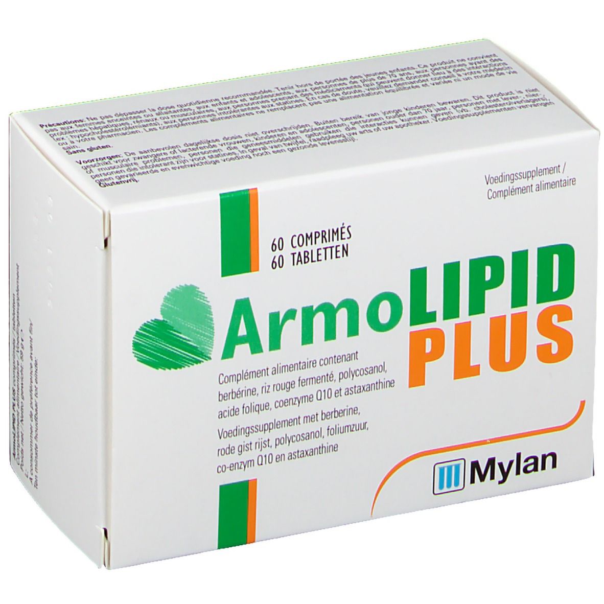 Scatola bianca con testo: ArmoLIPID PLUS, 60 compresse. Logo: Mylan. Contiene berberina, riso rosso, ecc.