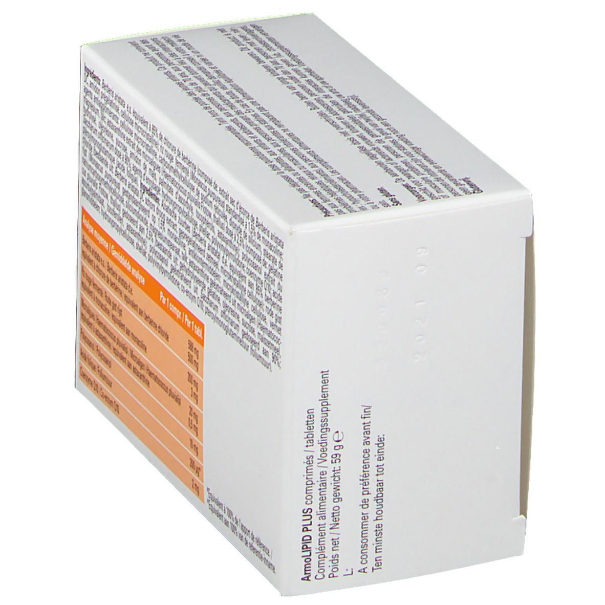 Scatola vista obliqua dall'alto. Testo e ingredienti di ArmoLIPID PLUS visibili.