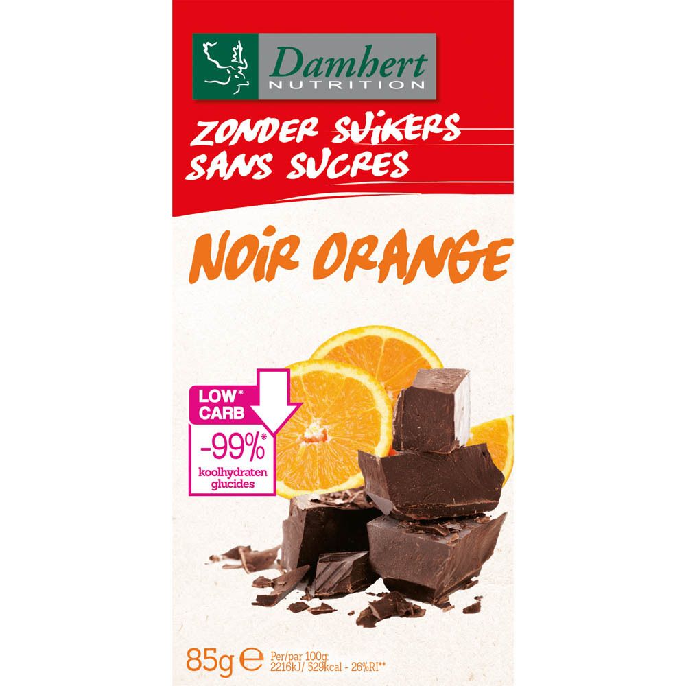 Tablette de chocolat noir et orange. Inscription "Noir Orange" et "Sans Sucres". Emballage rouge et blanc. Poids net 85g.