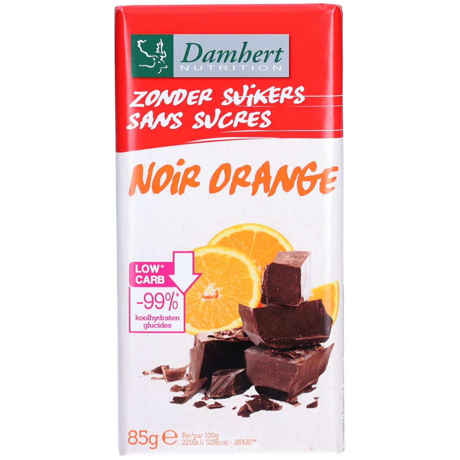 Tablette de chocolat noir et orange. Inscription "Noir Orange" et "Sans Sucres". Emballage rouge et blanc. Poids net 85g.