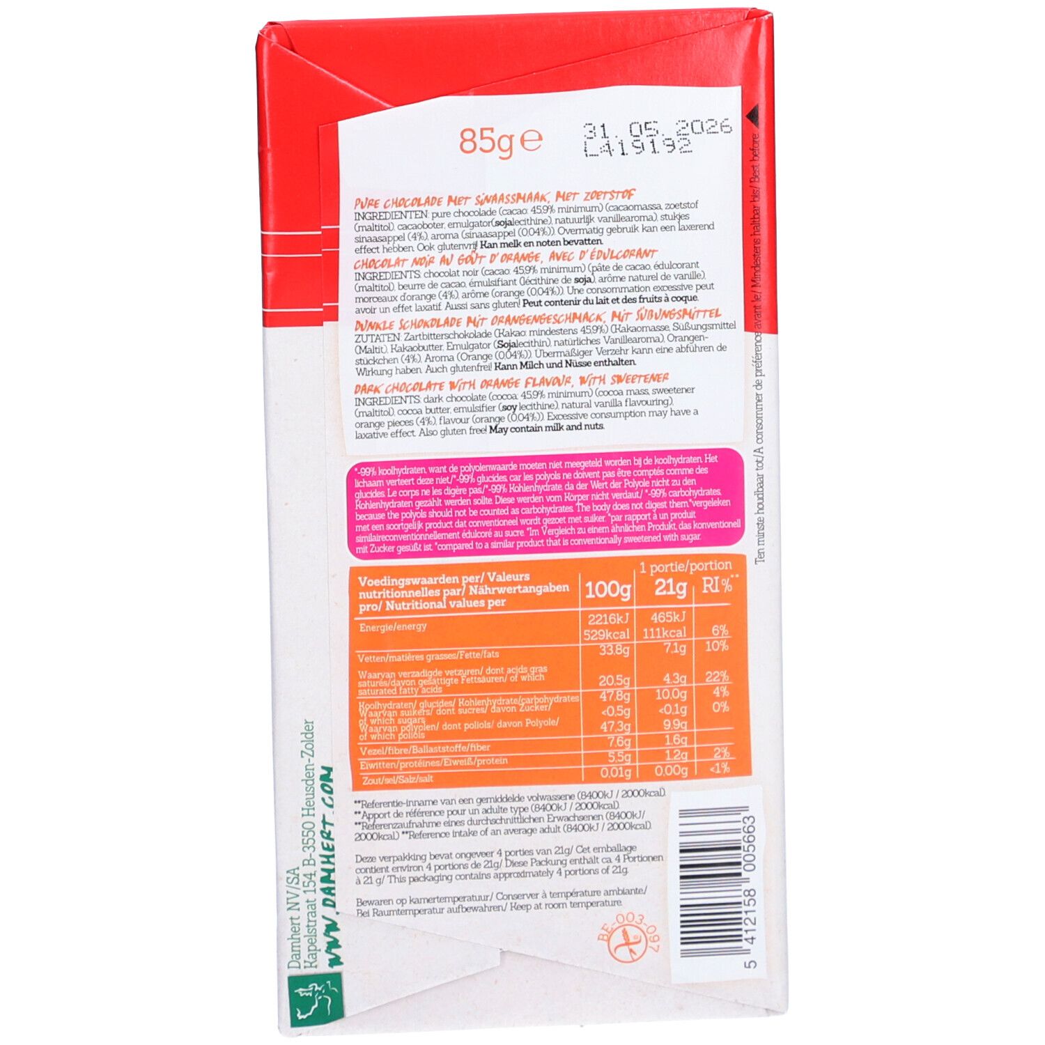 Dos de l'emballage de la tablette de chocolat. Contient des informations nutritionnelles et des listes d'ingrédients en plusieurs langues. Fond blanc.