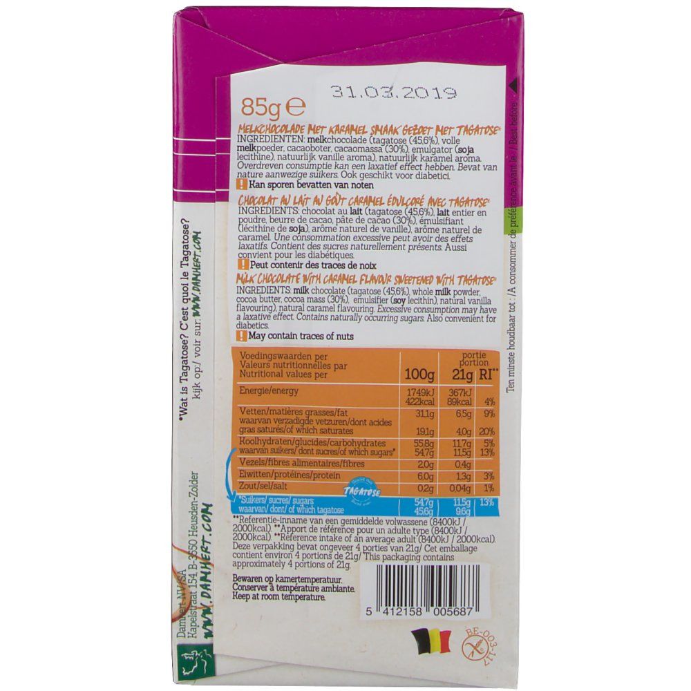 Chocoladeverpakking. Achterkant met voedingsinformatie, ingrediënten en meertalige tekst. Gewicht: 85g.