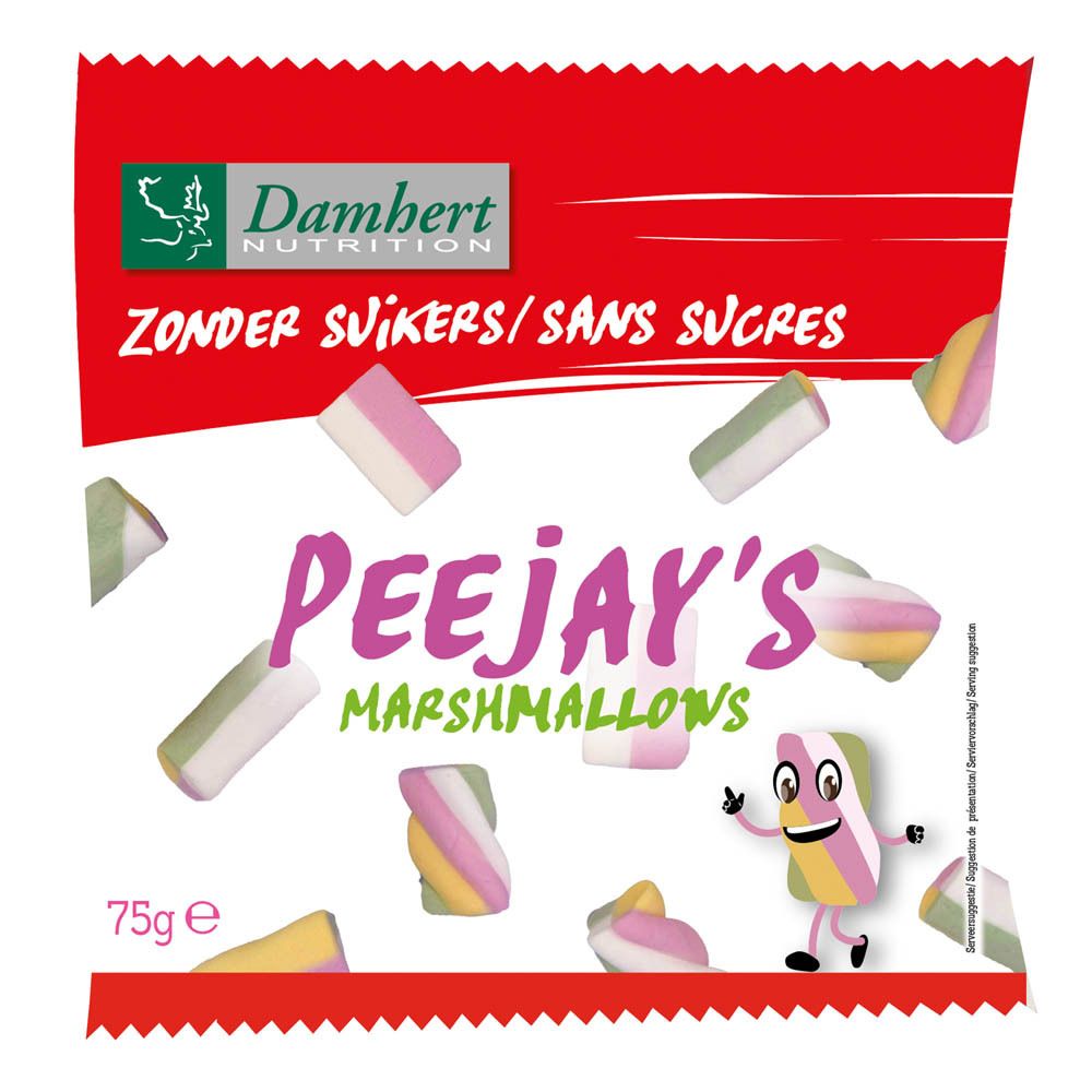 Verpackung mit Marshmallows in verschiedenen Farben. Aufschrift: PeeJay's Marshmallows, ohne Zucker. Marke: Damhert. Gewicht: 75g.